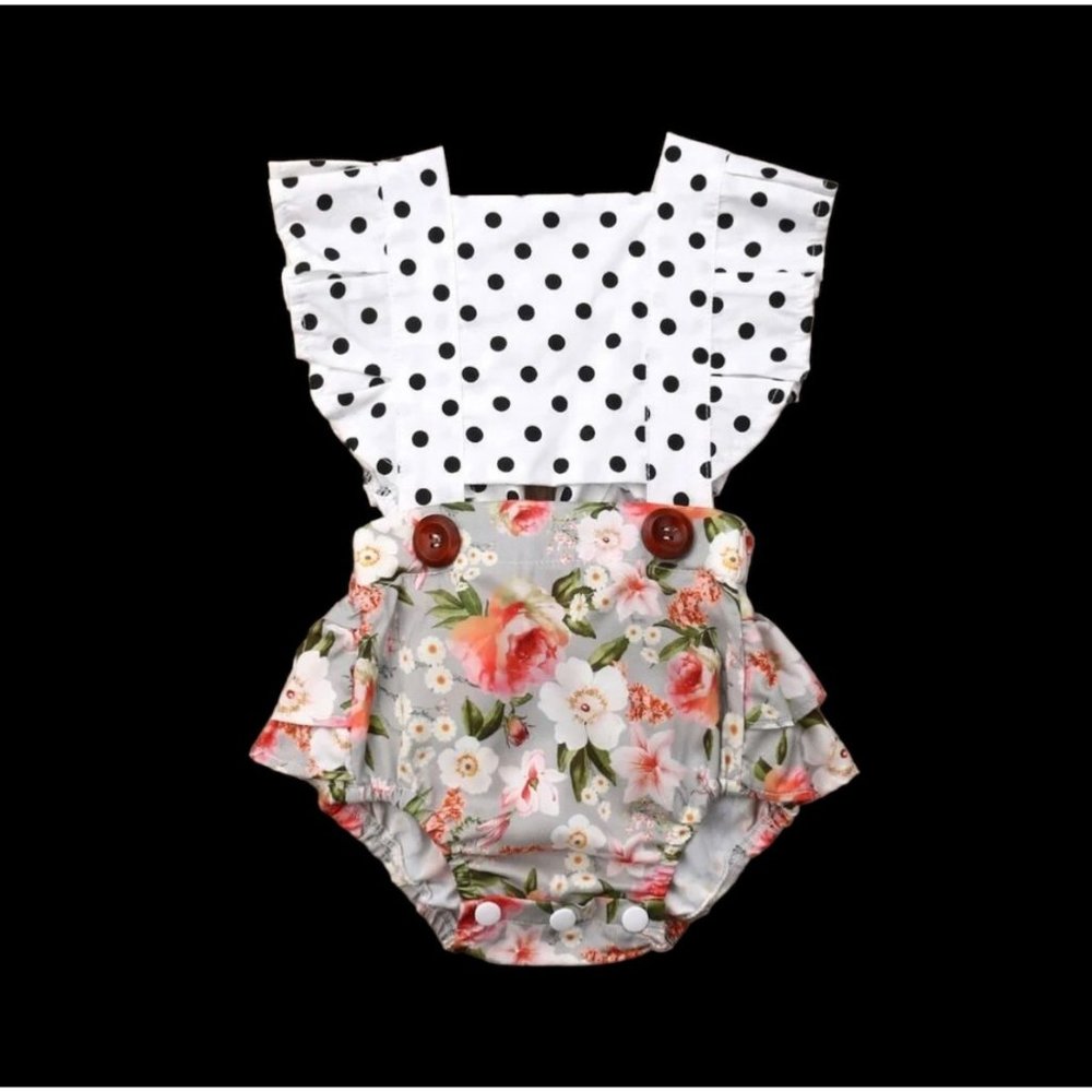 Boutique baby girls infant mixed print ruffle butt romper short shorts overalls